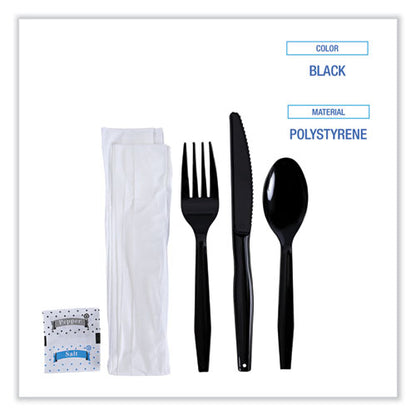 Six-piece Cutlery Kit, Condiment/fork/knife/napkin/teaspoon, Black, 250/carton