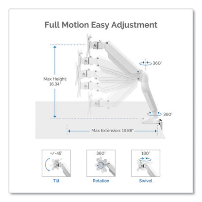 Platinum Series Single Monitor Arm, For 27" Monitors, 360 Deg Rotation, 45 Deg Tilt, 180 Deg Pan, White, Supports 20 Lb