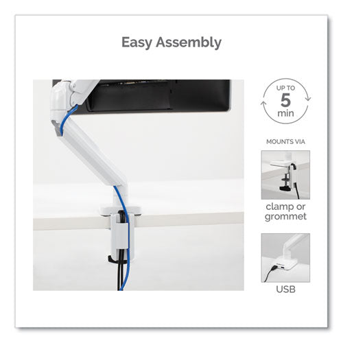 Platinum Series Single Monitor Arm, For 27" Monitors, 360 Deg Rotation, 45 Deg Tilt, 180 Deg Pan, White, Supports 20 Lb