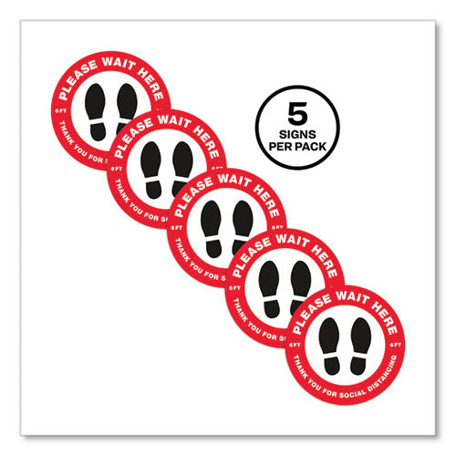 Social Distancing Floor Decals, 10.5" Dia, Please Wait Here, Red/white Face, Black Graphics, 5/pack