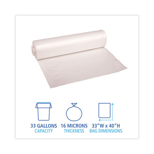 High Density Industrial Can Liners Coreless Rolls, 33 Gal, 16 Mic, 33 X 40, Natural, 25 Bags/roll, 10 Rolls/carton