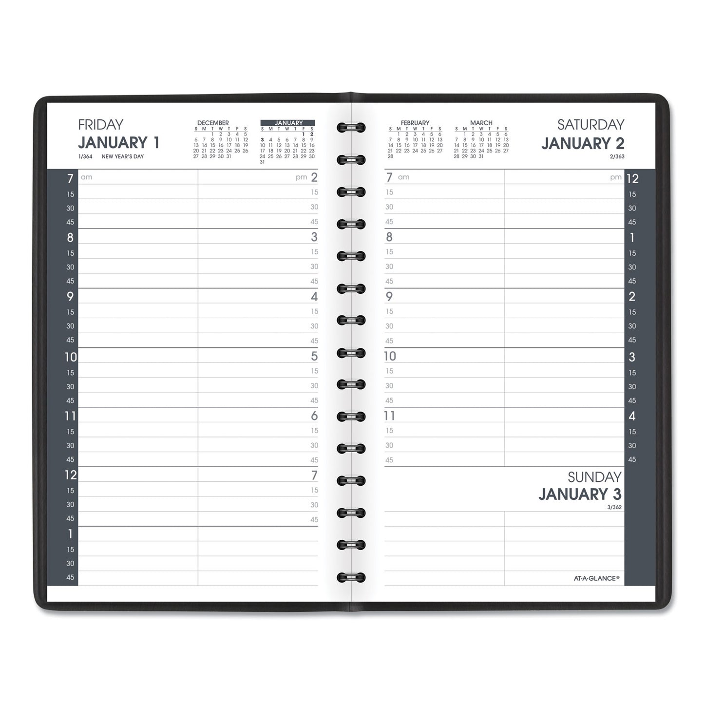 Daily Appointment Book With 15-minute Appointments, One Day/page: Mon To Sun, 8 X 5, Black Cover, 12-month (jan To Dec): 2024