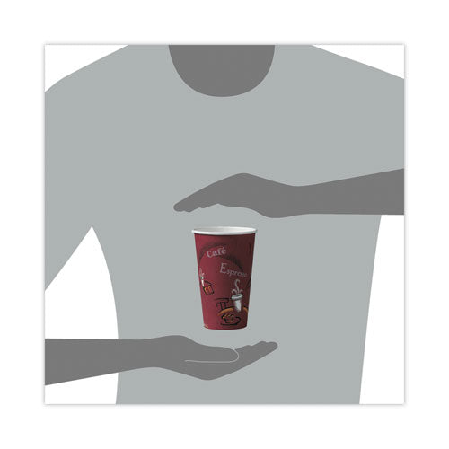 Paper Hot Drink Cups In Bistro Design, 16 Oz, Maroon, 300/carton