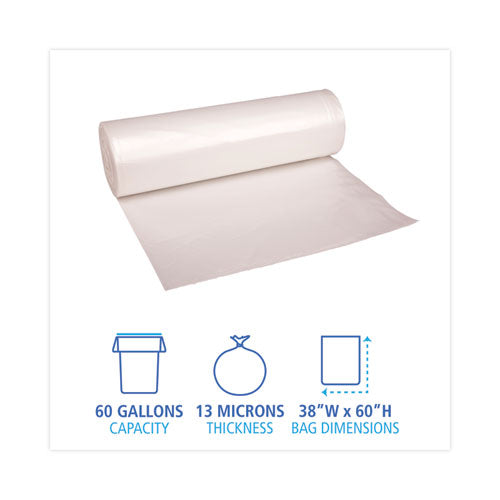 High Density Industrial Can Liners Coreless Rolls, 60 Gal, 13 Mic, 38 X 60, Natural, 25 Bags/roll, 8 Rolls/carton