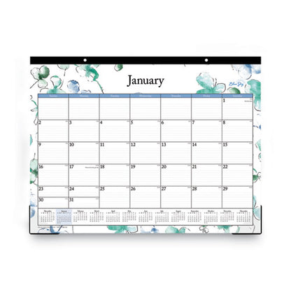 Lindley Desk Pad, Floral Artwork, 22 X 17, White/blue/green Sheets, Black Binding, Clear Corners, 12-month (jan-dec): 2024