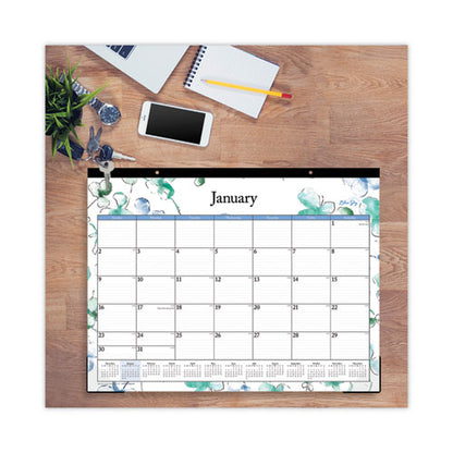 Lindley Desk Pad, Floral Artwork, 22 X 17, White/blue/green Sheets, Black Binding, Clear Corners, 12-month (jan-dec): 2024