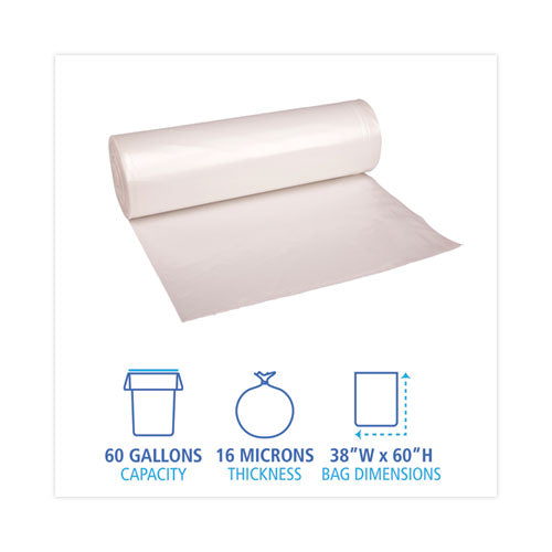 High Density Industrial Can Liners Coreless Rolls, 60 Gal, 16 Mic, 38 X 60, Natural, 25 Bags/roll, 8 Rolls/carton