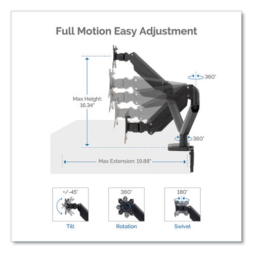 Platinum Series Dual Monitor Arm For 27" Monitors, 360 Deg Rotation, +85 Deg/-20 Deg Tilt, 360 Deg Pan, Black, Supports 20 Lb