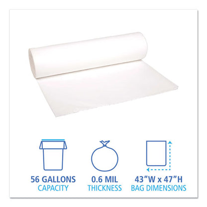 Low-density Waste Can Liners, 56 Gal, 0.6 Mil, 43" X 47", White, 25 Bags/roll, 4 Rolls/carton