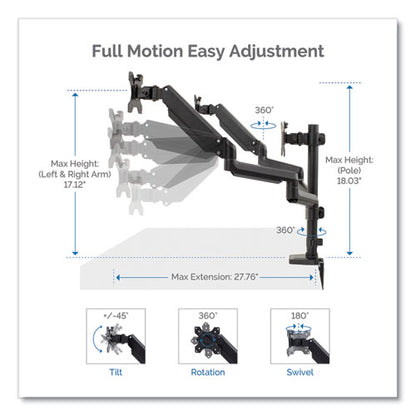 Platinum Series Triple Monitor Arm For 27" Monitors, 360 Deg Rotation, +85/-20 Deg Tilt, 360 Deg Pan, Black, Supports 20 Lb