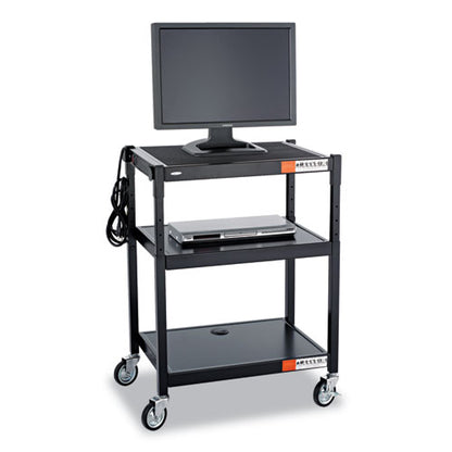 Adjustable-height Steel Av Cart, Metal, 3 Shelves, (5) Ac Outlets, 120 Lb Capacity, 27.25" X 18.25" X 36.5", Black