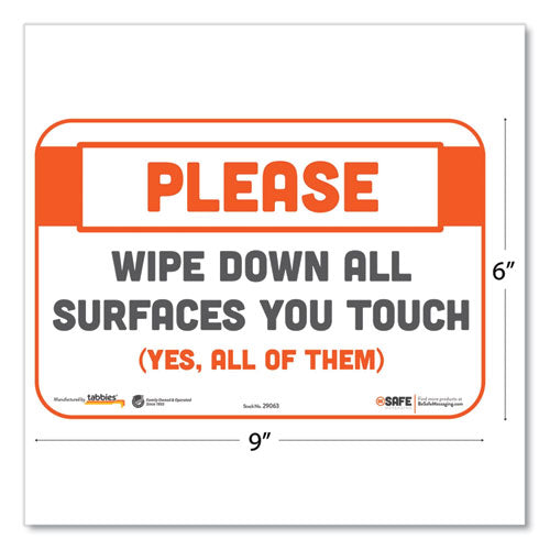 Besafe Messaging Repositionable Wall/door Signs, 9 X 6, Please Wipe Down All Surfaces You Touch, White, 30/carton