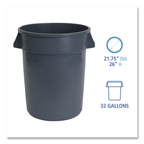 Round Waste Receptacle, 32 Gal, Linear-low-density Polyethylene, Gray