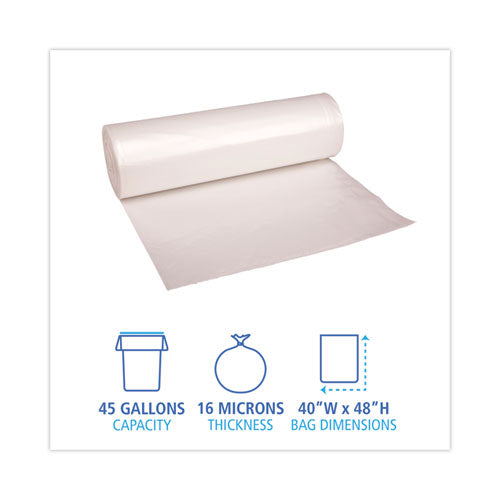 High Density Industrial Can Liners Coreless Rolls, 45 Gal, 16 Mic, 40 X 48, Natural, 25 Bags/roll, 10 Rolls/carton