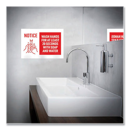 Preprinted Surface Safe Wall Decals, 10 X 7, Wash Hands For At Least 20 Seconds, White/red Face, Red Graphics, 5/pack