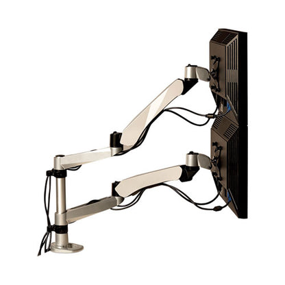 Easy-adjust Desk Dual Arm Mount For 27" Monitors, 360 Deg Rotation, +90/-15 Deg Tilt, 360 Deg Pan, Silver, Supports 20 Lb