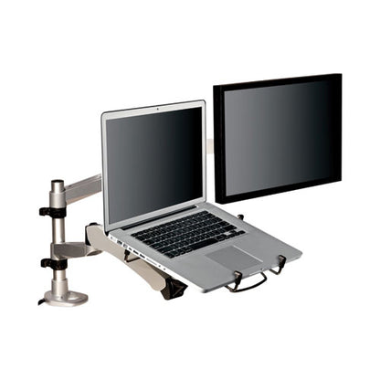 Easy-adjust Desk Dual Arm Mount For 27" Monitors, 360 Deg Rotation, +90/-15 Deg Tilt, 360 Deg Pan, Silver, Supports 20 Lb