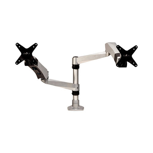 Easy-adjust Desk Dual Arm Mount For 27" Monitors, 360 Deg Rotation, +90/-15 Deg Tilt, 360 Deg Pan, Silver, Supports 20 Lb