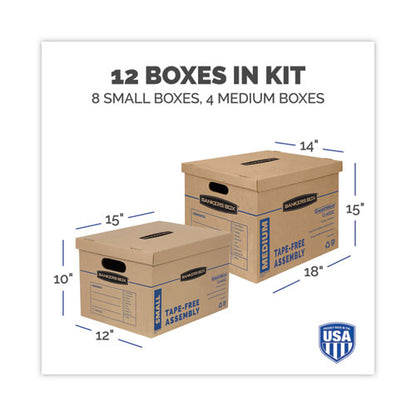 Smoothmove Classic Moving/storage Box Kit, Half Slotted Container (hsc), Assorted Sizes: (8) Small, (4) Med, Brown/blue,12/ct