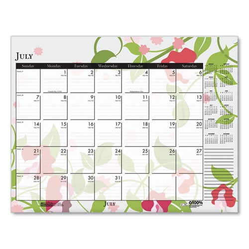 Recycled Desk Pad Calendar, Wild Flowers Artwork, 22 X 17, White Sheets, Black Binding/corners,12-month (jan-dec): 2024