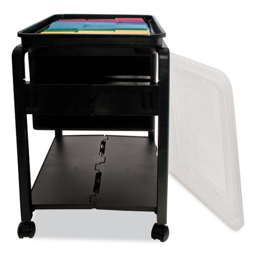 Folding Mobile File Cart, Plastic, 1 Shelf, 1 Bin, 14.5" X 18.5" X 21.75", Black