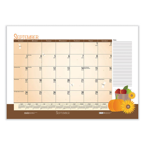 Recycled Academic Year Desk Pad Calendar, Illustrated Seasons Artwork, 22 X 17, Black Binding, 12-month (july-june): 2023-24