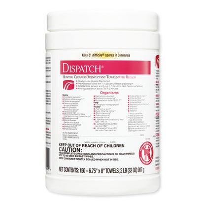 Dispatch Cleaner Disinfectant Towels, 1-ply, 6.75 X 8, Unscented, White, 150/canister, 8 Canisters/carton