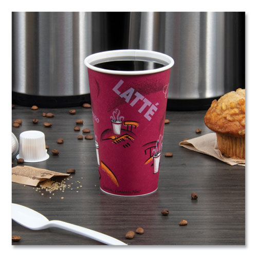 Paper Hot Drink Cups In Bistro Design, 16 Oz, Maroon, 50/pack