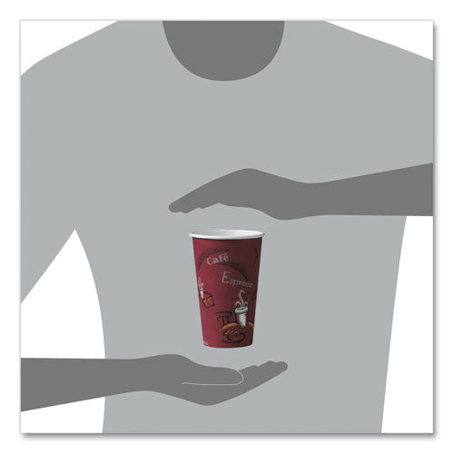 Paper Hot Drink Cups In Bistro Design, 16 Oz, Maroon, 50/pack