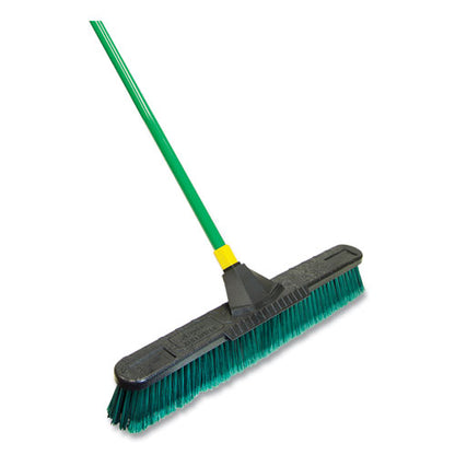 Bulldozer Multisurface Pushbroom With Scraper Block, 24 X 60, Powder Coated Steel Handle, Green/black/yellow