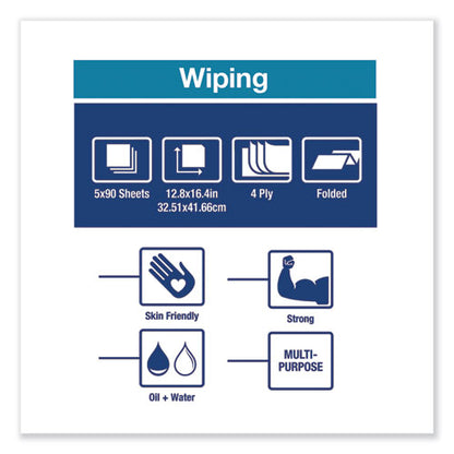 Industrial Paper Wiper, 4-ply, 12.8 X 16.4, Unscented, Blue, 90/pack, 5 Packs/carton