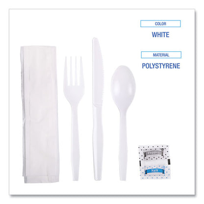 Six-piece Cutlery Kit, Condiment/fork/knife/napkin/teaspoon, White, 250/carton