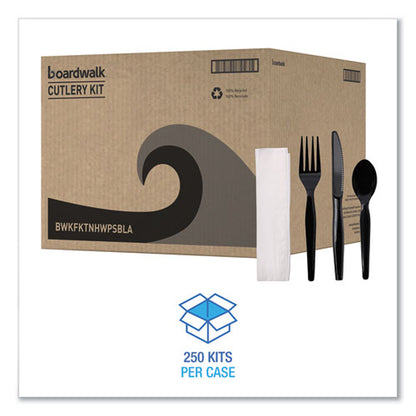 Four-piece Cutlery Kit, Fork/knife/napkin/teaspoon, Heavyweight, Black, 250/carton