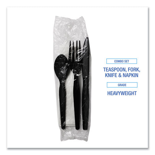 Four-piece Cutlery Kit, Fork/knife/napkin/teaspoon, Heavyweight, Black, 250/carton