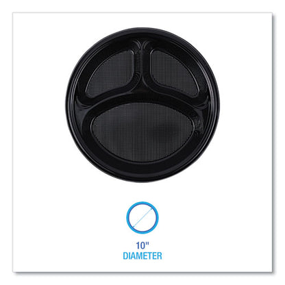 Hi-impact Plastic Dinnerware, Plate, 3-compartment, 10" Dia, Black, 125/sleeve, 4 Sleeves/carton