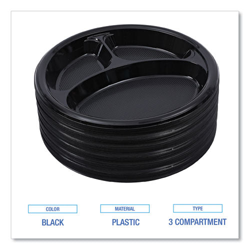 Hi-impact Plastic Dinnerware, Plate, 3-compartment, 10" Dia, Black, 125/sleeve, 4 Sleeves/carton