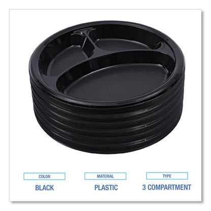 Hi-impact Plastic Dinnerware, Plate, 3-compartment, 10" Dia, Black, 125/sleeve, 4 Sleeves/carton