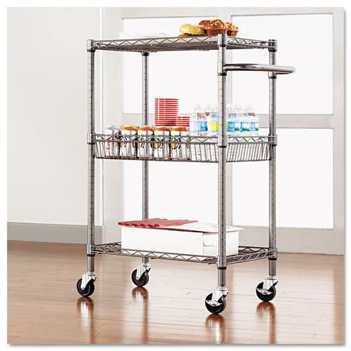 Three-tier Wire Cart With Basket, Metal, 2 Shelves, 1 Bin, 500 Lb Capacity, 28" X 16" X 39", Black Anthracite