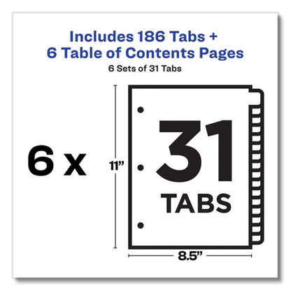 Customizable Table Of Contents Ready Index Multicolor Dividers, 31-tab, 1 To 31, 11 X 8.5, White, 6 Sets