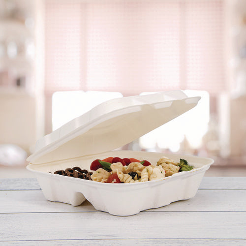 Compostable Fiber Hinged Trays, Proplanet Seal, 3-compartment, 8.03 X 8.4 X 1.93, Ivory, Molded Fiber, 200/carton