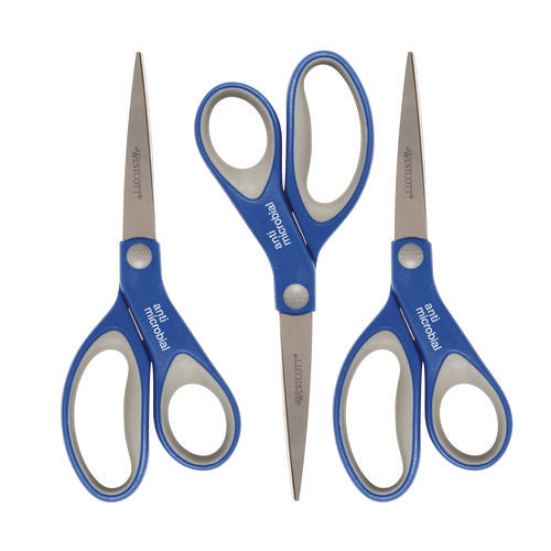 Scissors With Antimicrobial Protection, 8" Length, 3.25" Cut Length, Blue/gray Straight Handle, 3/pack