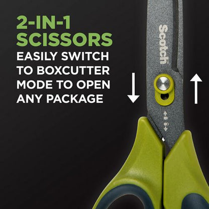 Non-stick Unboxing Scissors, 8" Long, 2.7" Cut Length, Green/black Handle