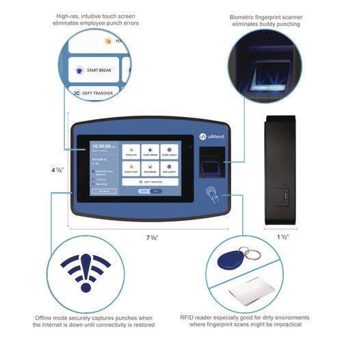 Biometric Fingerprint Touch Tablet Time Clock System, Unlimited Employees, Black/blue