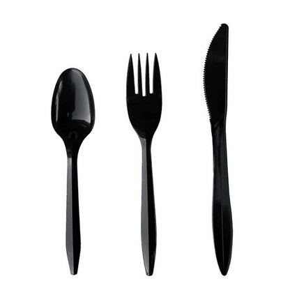 Four-piece Cutlery Kit, Fork/knife/teaspoon/napkin, Mediumweight, Black, 250/carton