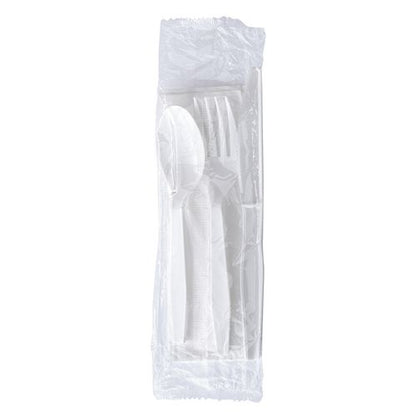 Four-piece Cutlery Kit, Fork/knife/napkin/teaspoon, Mediumweight, Polystyrene, White, 250/carton