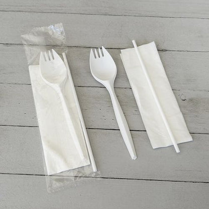 School Cutlery Kit, Napkin/spork/straw, White, 1,000/carton