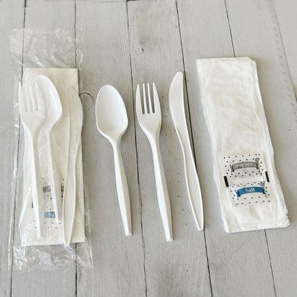 Six-piece Cutlery Kit, Fork/knife/teaspoon/napkin/pepper/salt, White, 1,000/carton