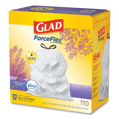 Glad Odorshield With Febreze, Drawstring, 13 Gal, Mediterranean Lavender Scent, 10.18" X 9.81", White, 110/box