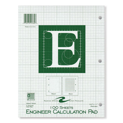 Engineer Pad, (0.5" Margins), Quad Rule (5 Sq/in, 1 Sq/in) 100 Light Green 8.5 X 11 Sheets/pad, 24/carton