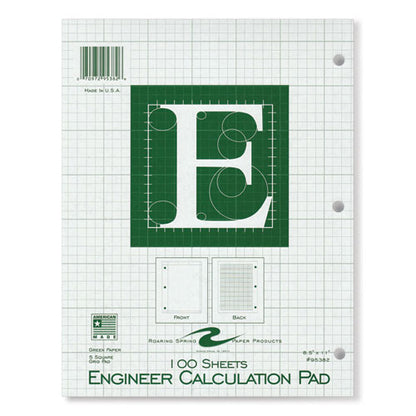 Engineer Pad, (0.5" Margins), Quad Rule (5 Sq/in, 1 Sq/in) 100 Light Green 8.5 X 11 Sheets/pad, 24/carton